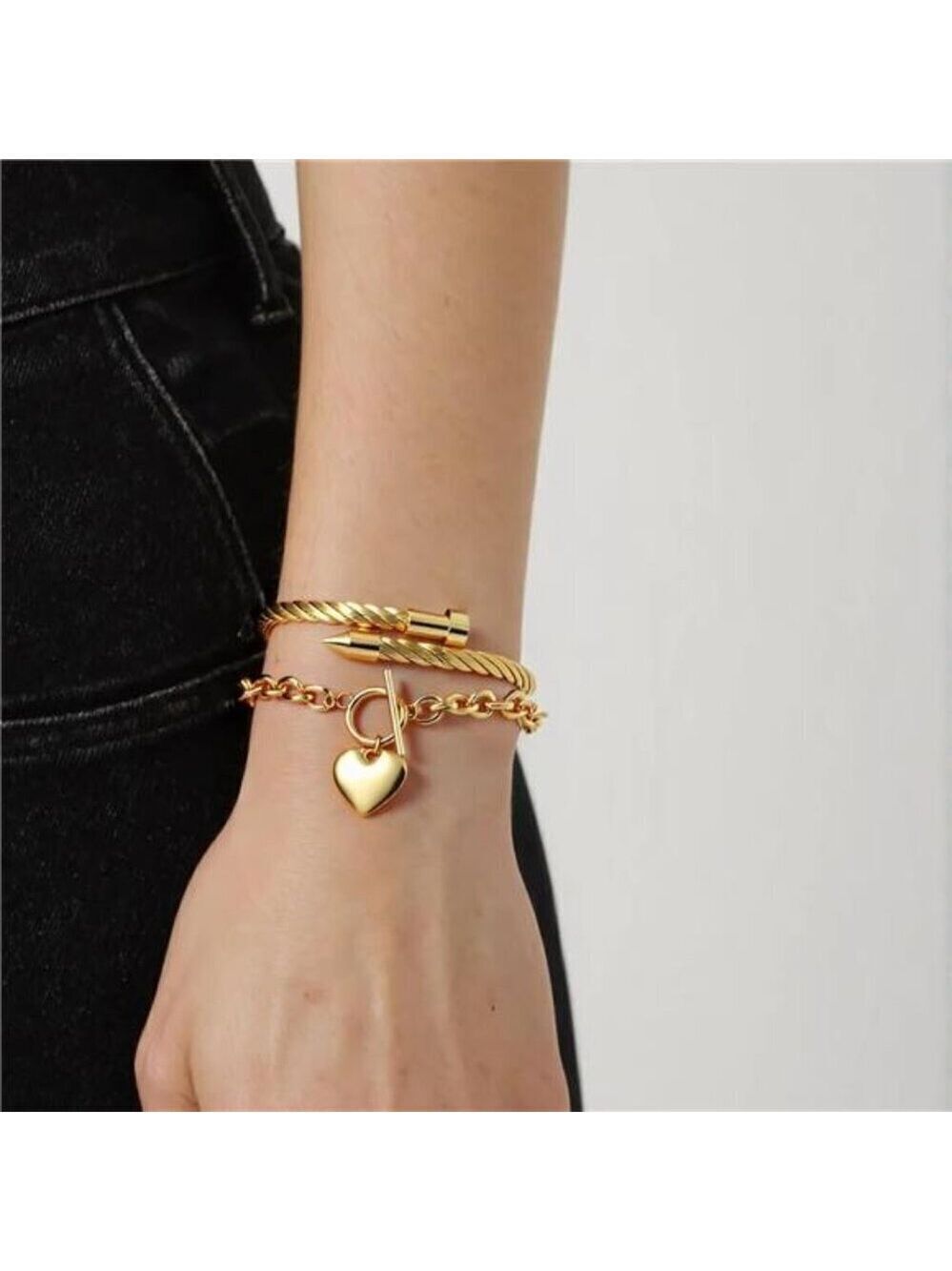 18K Gold Plated Nail Bracelet Set, Adjustable Stackable Bangles for Women